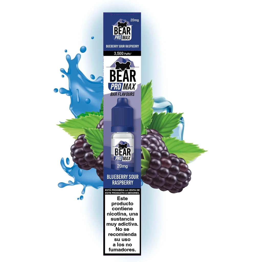 Caja alargada de Bear Pro Max Blueberry Sour Raspberry de 20 mg, con un frasco dibujado, frutos oscuros, hojas y salpicaduras azules.