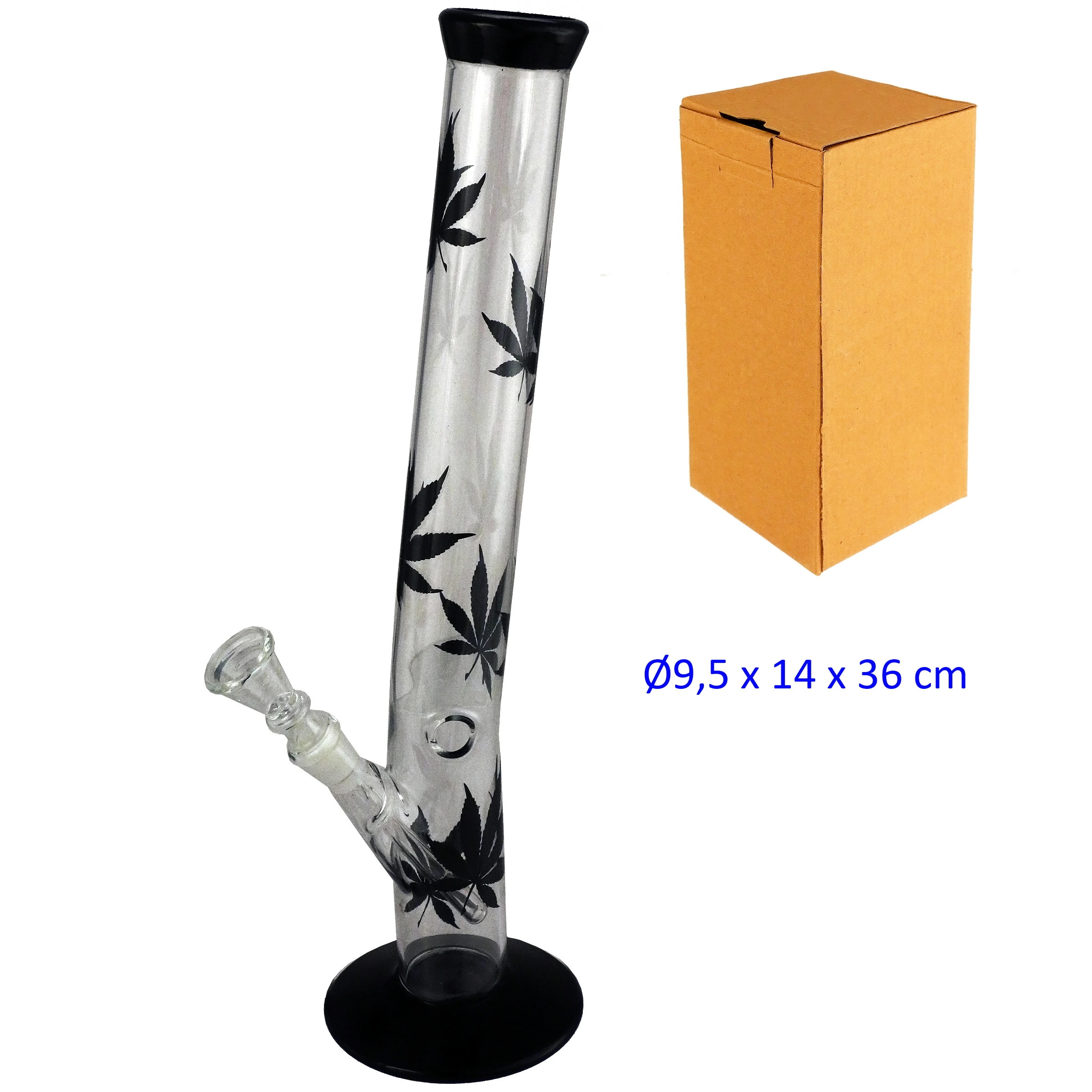 Bong de cristal transparente con hojas negras, base circular y boquilla negra, junto a una caja de cartón sobre fondo blanco.