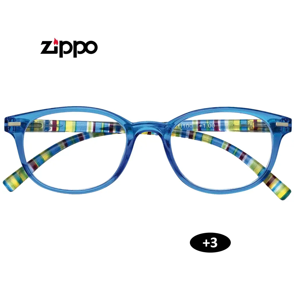 Gafas Zippo de montura azul translúcida y patillas de franjas multicolor, con distintivo +3 y una inscripción +1.00 visible.
