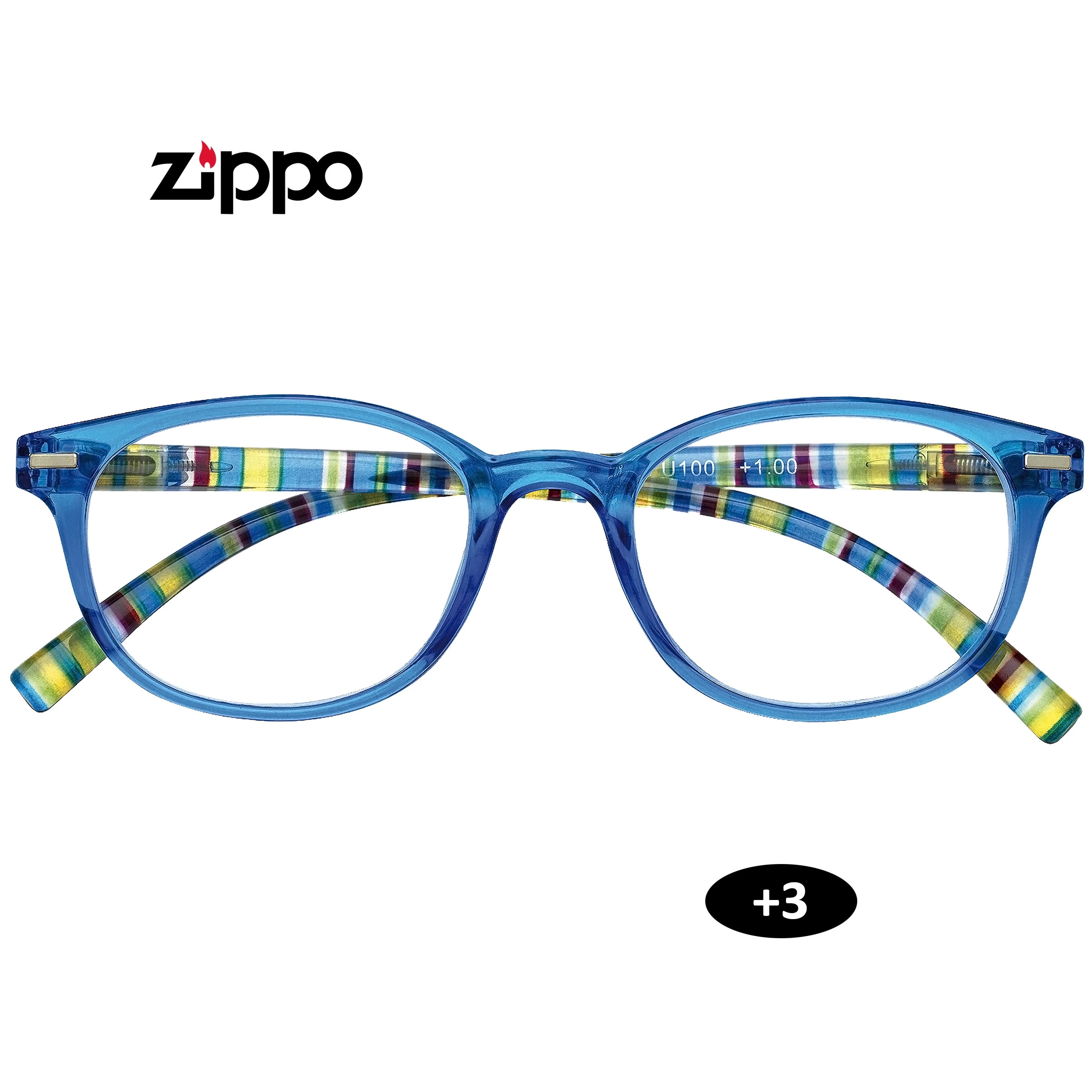 Gafas Zippo de montura azul translúcida y patillas de franjas multicolor, con distintivo +3 y una inscripción +1.00 visible.