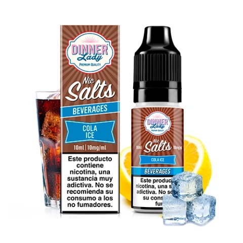 Frasco y caja de Dinner Lady Nic Salts Cola Ice, etiquetados 10 ml y 10 mg/ml, con un vaso de cola, cítricos y cubitos de hielo.