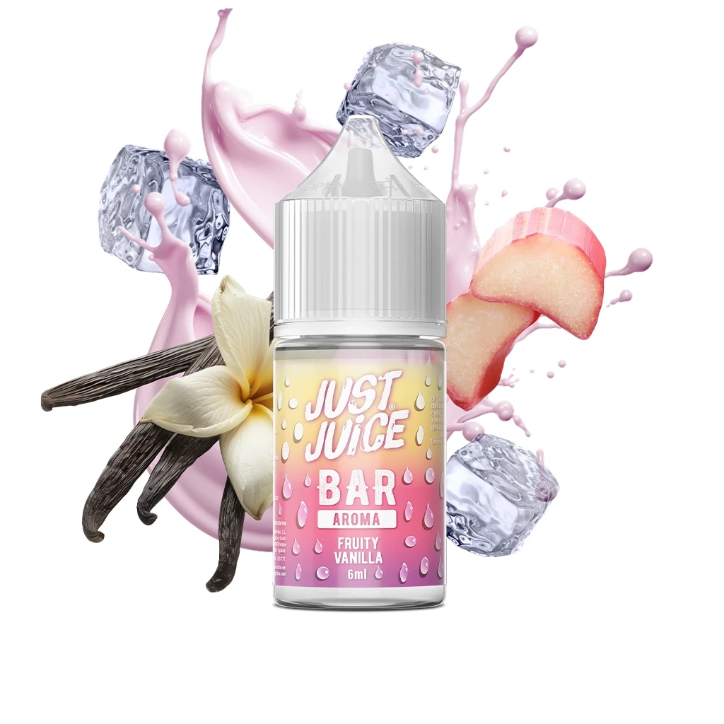Frasco de Just Juice Bar Fruity Vanilla con tapón blanco, rodeado de vainilla, rodajas de fruta, cubitos y salpicaduras rosas.