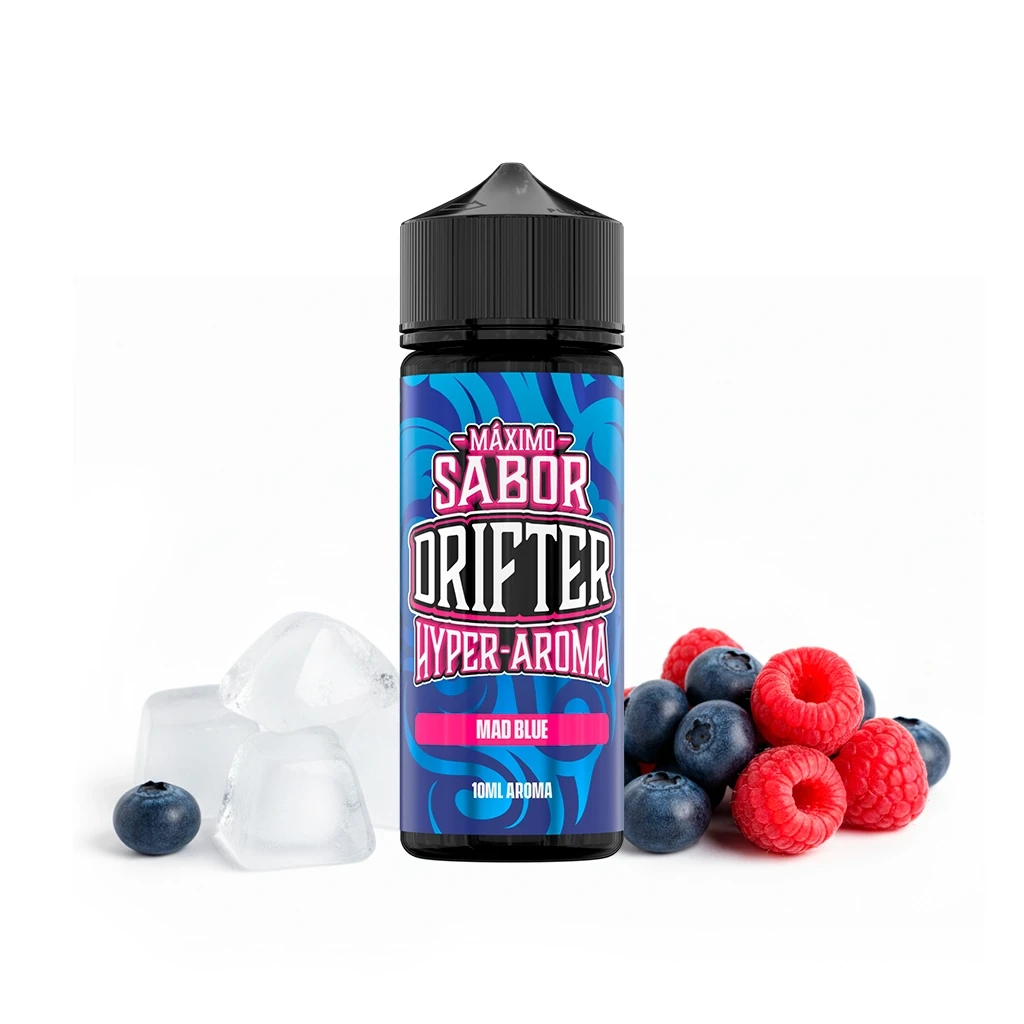 Bote Drifter Hyper Mad Blue de 10 ml con tapón negro y etiqueta azul y rosa, junto a arándanos, frambuesas y cubitos de hielo.