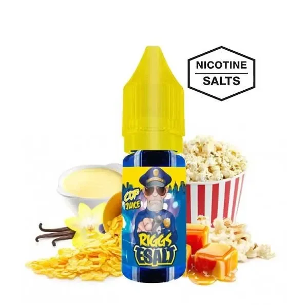Frasco Riggs E-Salt con tapón amarillo, rodeado de palomitas, cereales, caramelos y vainilla, con el texto «Nicotine Salts».