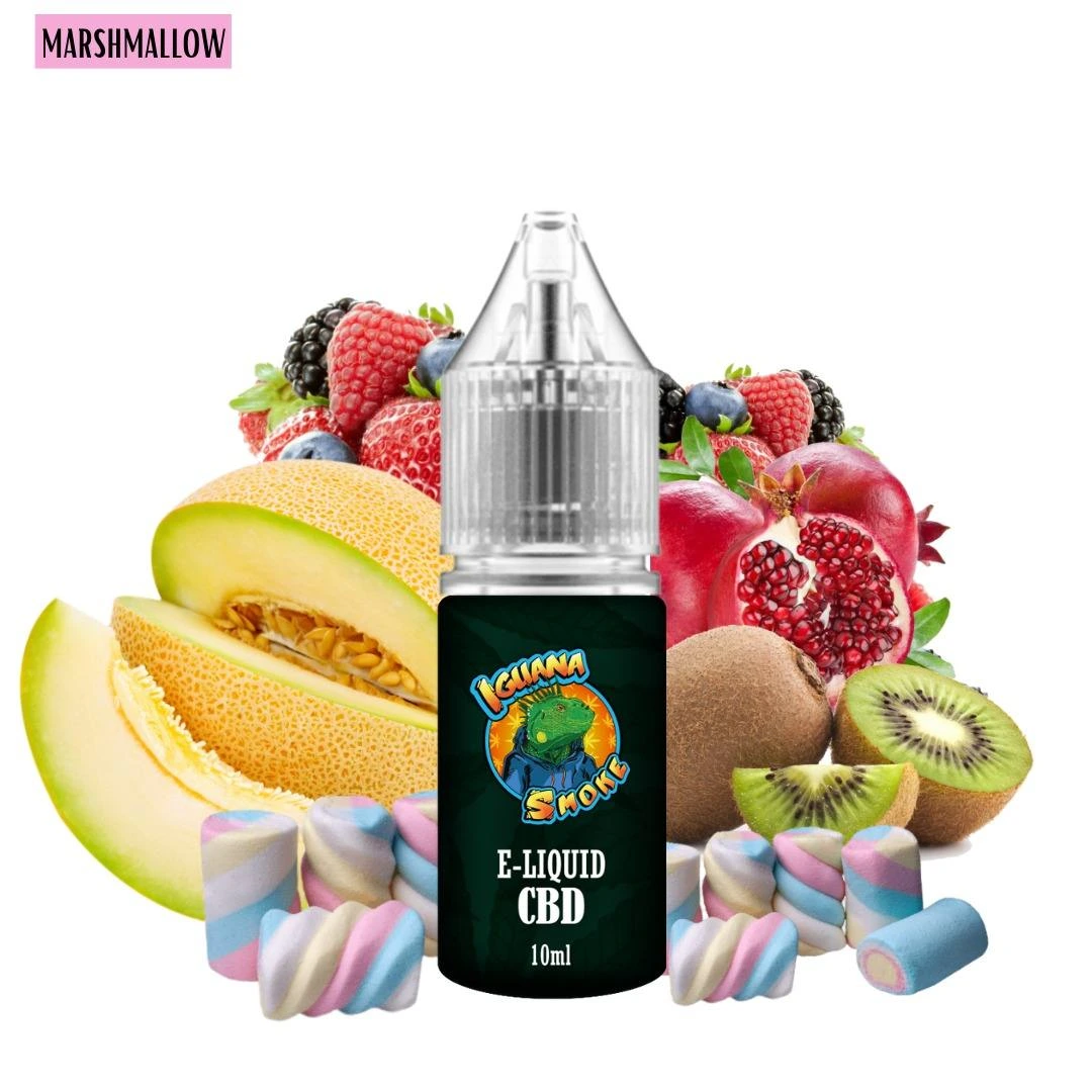 Frasco Marshmallow de Iguana Smoke de 10 ml con tapón transparente, rodeado de nubes de colores, melón, kiwi, granada y frutos rojos.