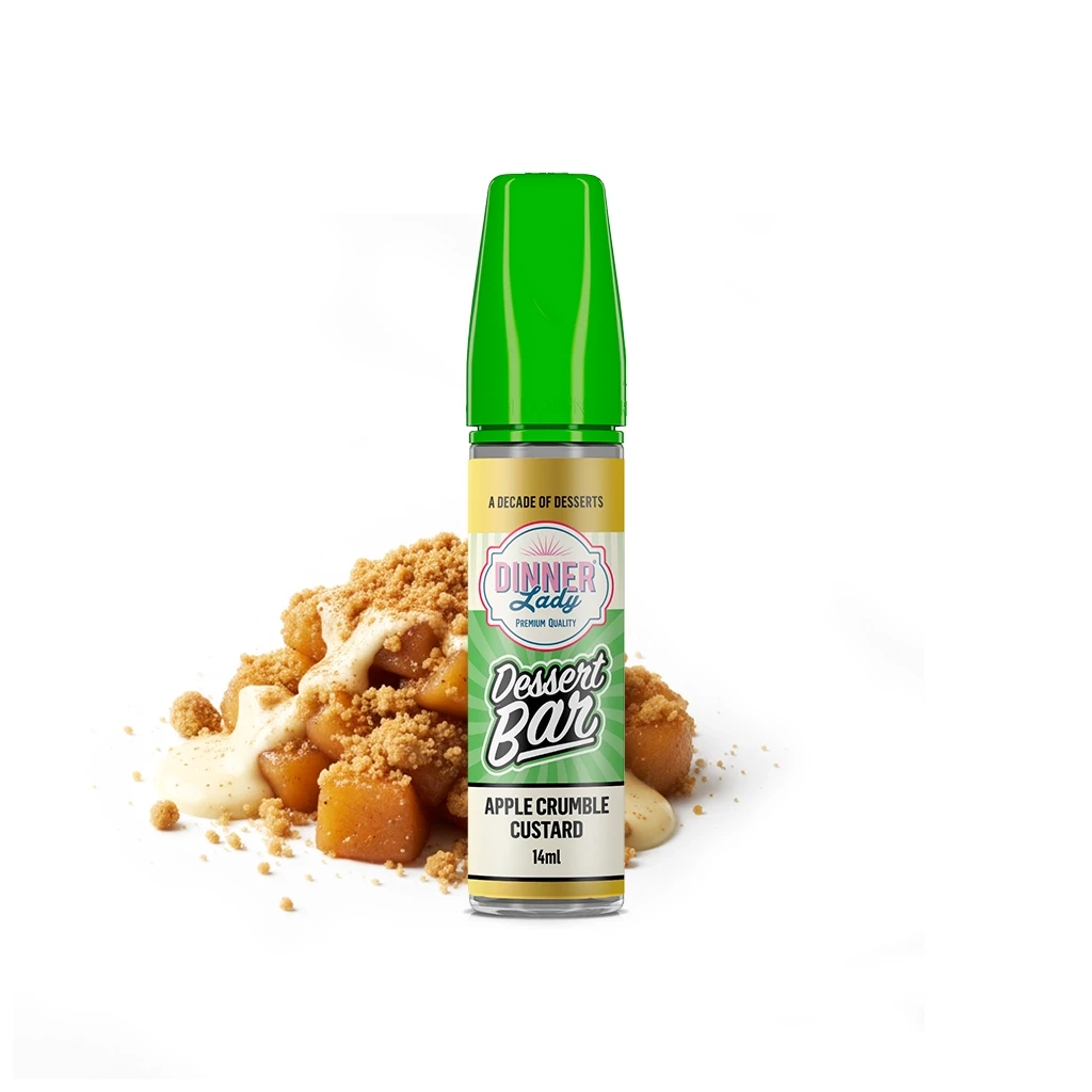 Frasco Dinner Lady Dessert Bar Apple Crumble Custard de 14 ml con tapón verde, delante de trozos de manzana con migas y crema.