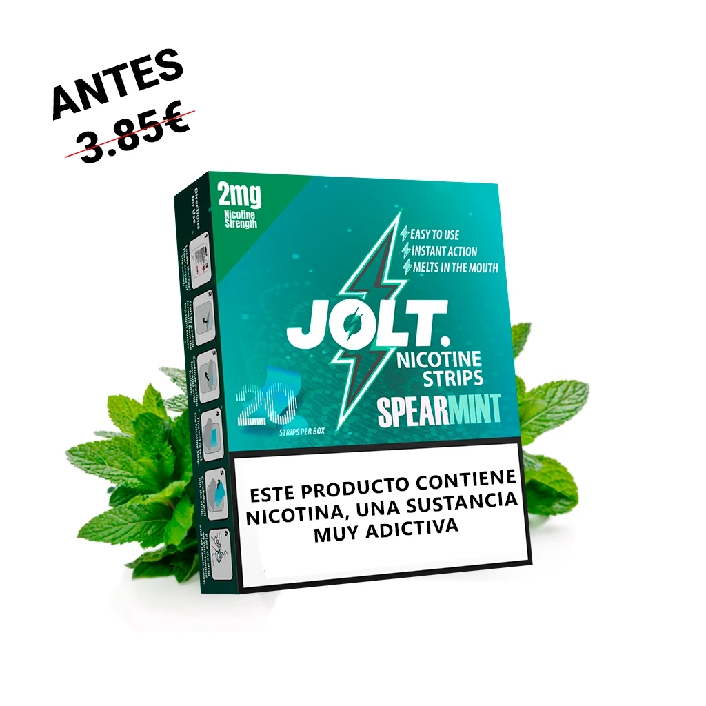 Caja verde de Jolt Strips Spearmint de 2 mg, con indicación de 20 láminas y advertencia sobre nicotina, rodeada de hojas de menta.