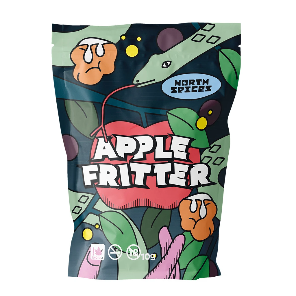 Bolsa North Spices Apple Fritter de 10 g, con letras blancas sobre una manzana roja y dibujos de serpientes, hojas y figuras de colores.
