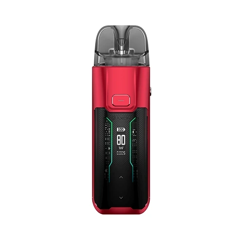 Vaporesso Luxe XR Max rojo y negro, visto de frente, con boquilla translúcida y pantalla que muestra 80 W.