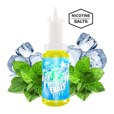 Frasco de líquido Fruizee Ice Mint E-Salt con etiqueta azul y tapón blanco, rodeado de hojas de menta y cubitos de hielo.