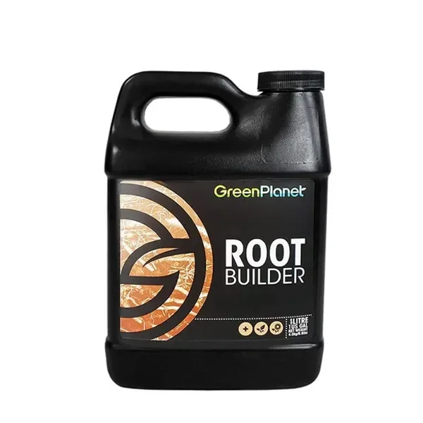 Garrafa negra de Root Builder GreenPlanet con asa integrada, tapón de rosca y etiqueta negra con motivos dorados, sobre fondo blanco. Garrafa negra de Root Builder GreenPlanet con asa integrada, tapón de rosca y etiqueta negra con motivos dorados, sobre fondo blanco.