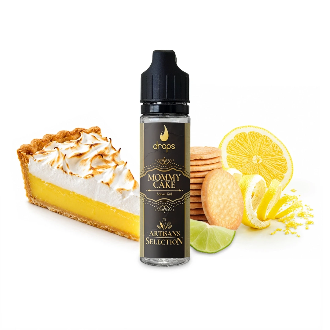 Frasco Mommy Cake de Drops con tapón negro, junto a una porción de tarta de limón con merengue, galletas y cítricos. Frasco Mommy Cake de Drops con tapón negro, junto a una porción de tarta de limón con merengue, galletas y cítricos.
