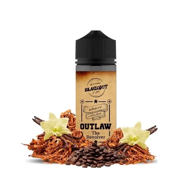 Frasco Blackout Outlaw The Revolver con tapón negro, rodeado de tabaco desmenuzado, granos de café, vainas y flores claras.