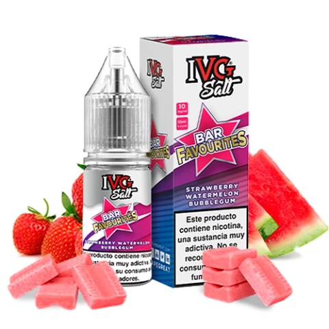 Frasco y caja de IVG Bar Salts Strawberry Watermelon Bubblegum, rodeados de fresas, sandía y chicles rosas sobre fondo blanco.