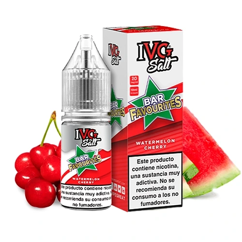Frasco y caja de IVG Favourite Bar Salts Watermelon Cherry junto a cerezas y sandía, con advertencia visible sobre la nicotina.