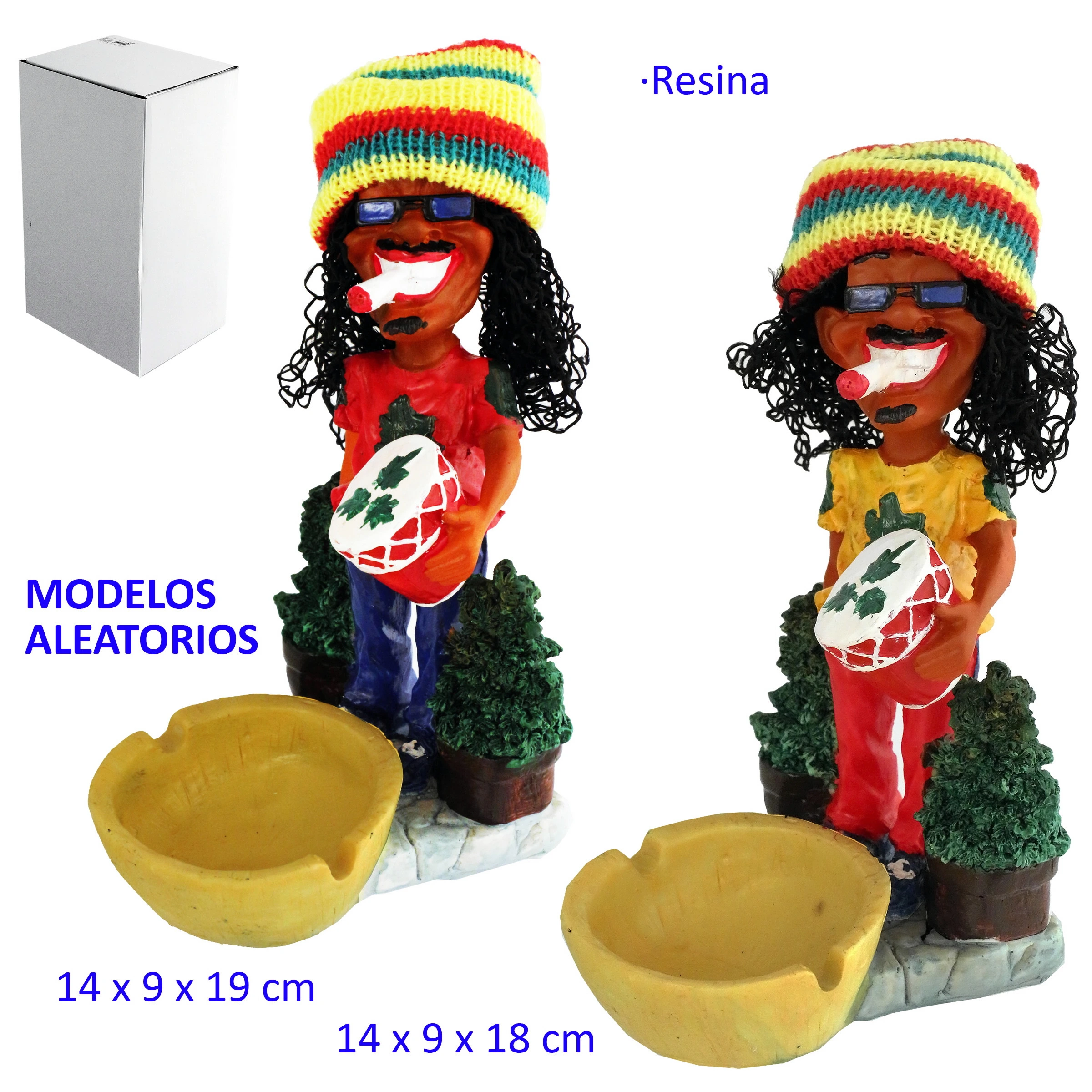 Dos modelos de cenicero con figura rasta de pie, gorro multicolor, gafas y tambor, con cuenco amarillo y camisetas roja o amarilla.