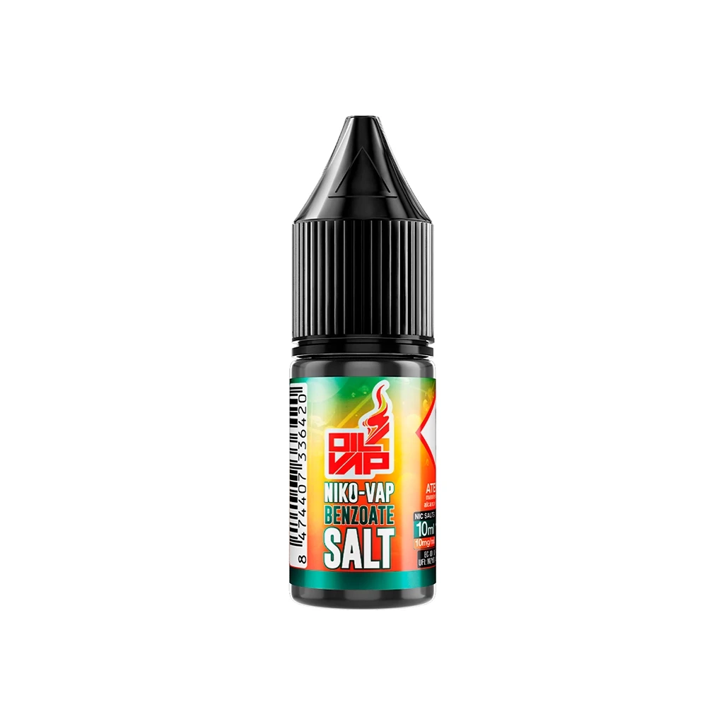 Frasco Oil4Vap Niko-Vap Benzoate Salt con tapón negro alargado y etiqueta verde, amarilla y naranja sobre fondo blanco.
