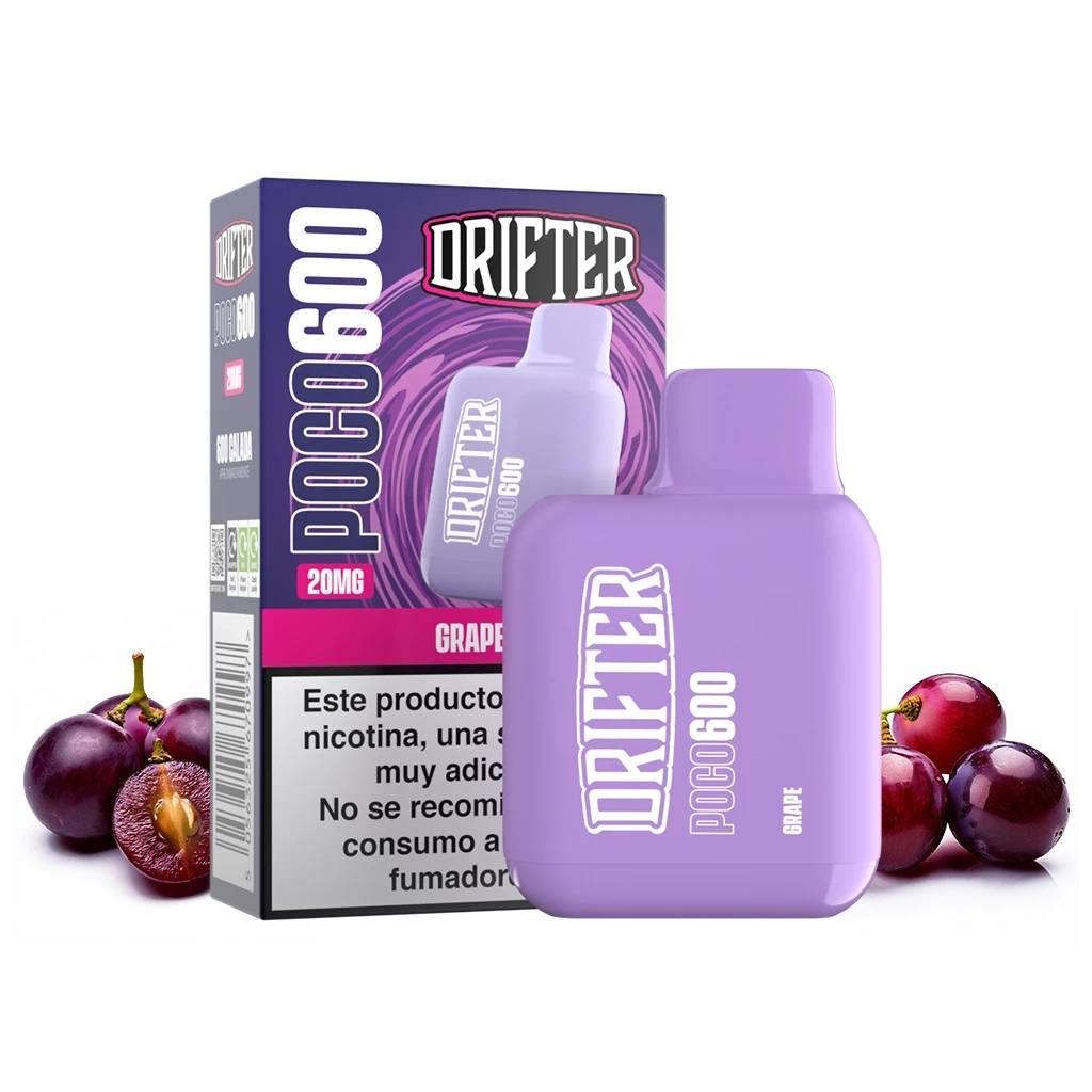 Vapeador Drifter Poco 600 Grape morado junto a su caja, con la indicación 20MG y uvas alrededor sobre fondo blanco.