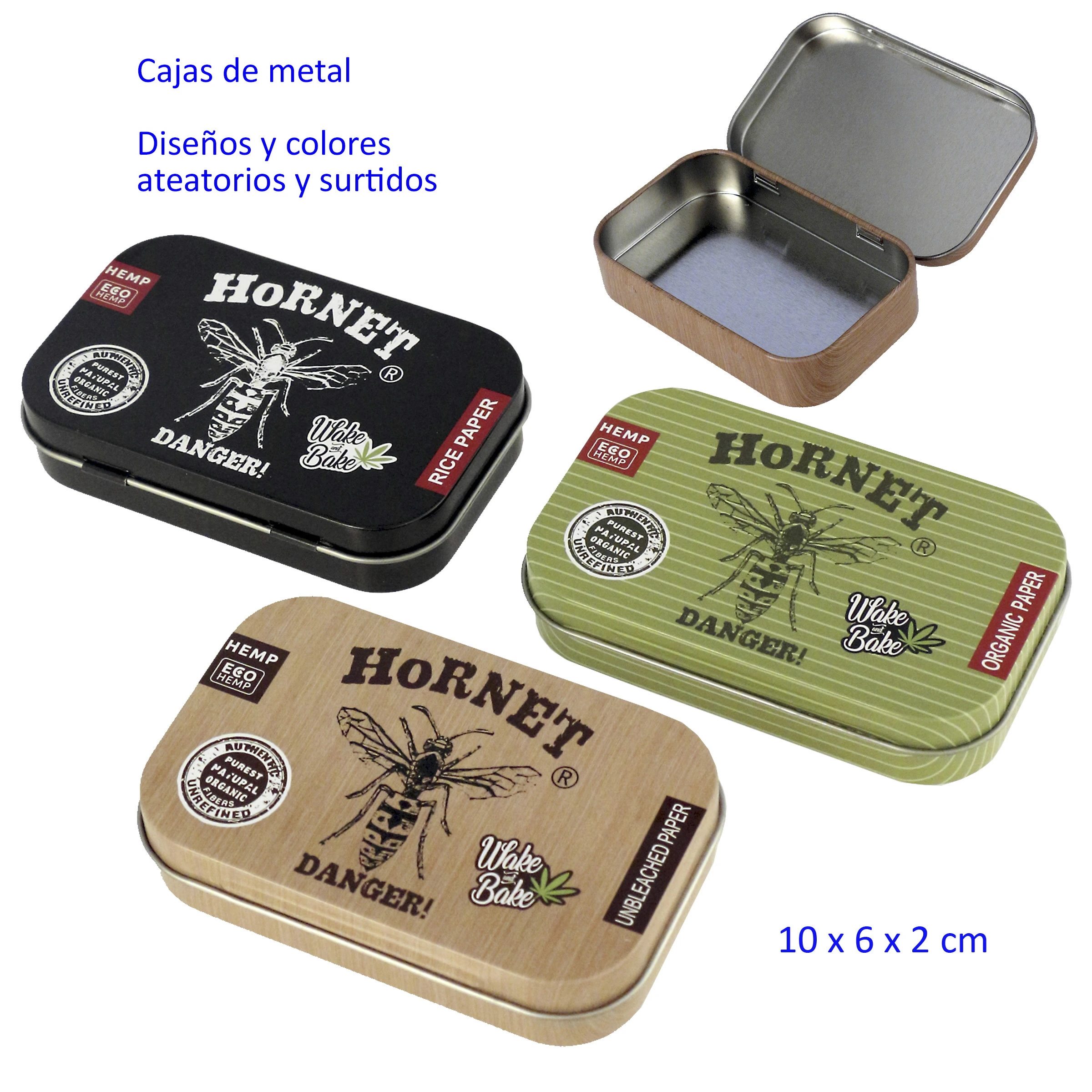 Cajas metálicas Hornet con diseños de avispa en negro, verde y tono madera, junto a una caja abierta que muestra su interior metálico.