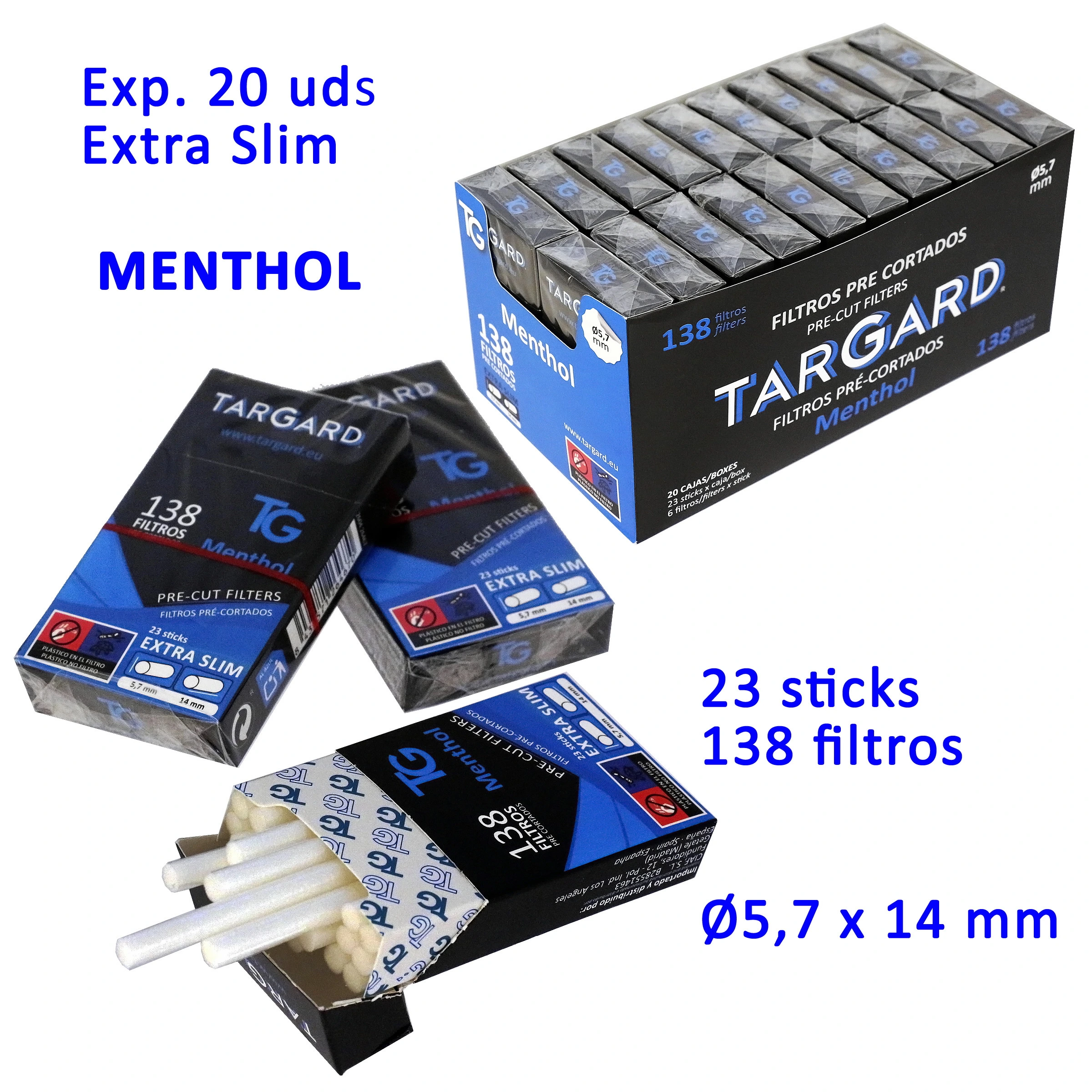 Filtros TG Extra Slim Menthol en expositor y cajas negras y azules, una abierta con las barritas blancas visibles; indica 138 filtros y 23 sticks. Filtros TG Extra Slim Menthol en expositor y cajas negras y azules, una abierta con las barritas blancas visibles; indica 138 filtros y 23 sticks.