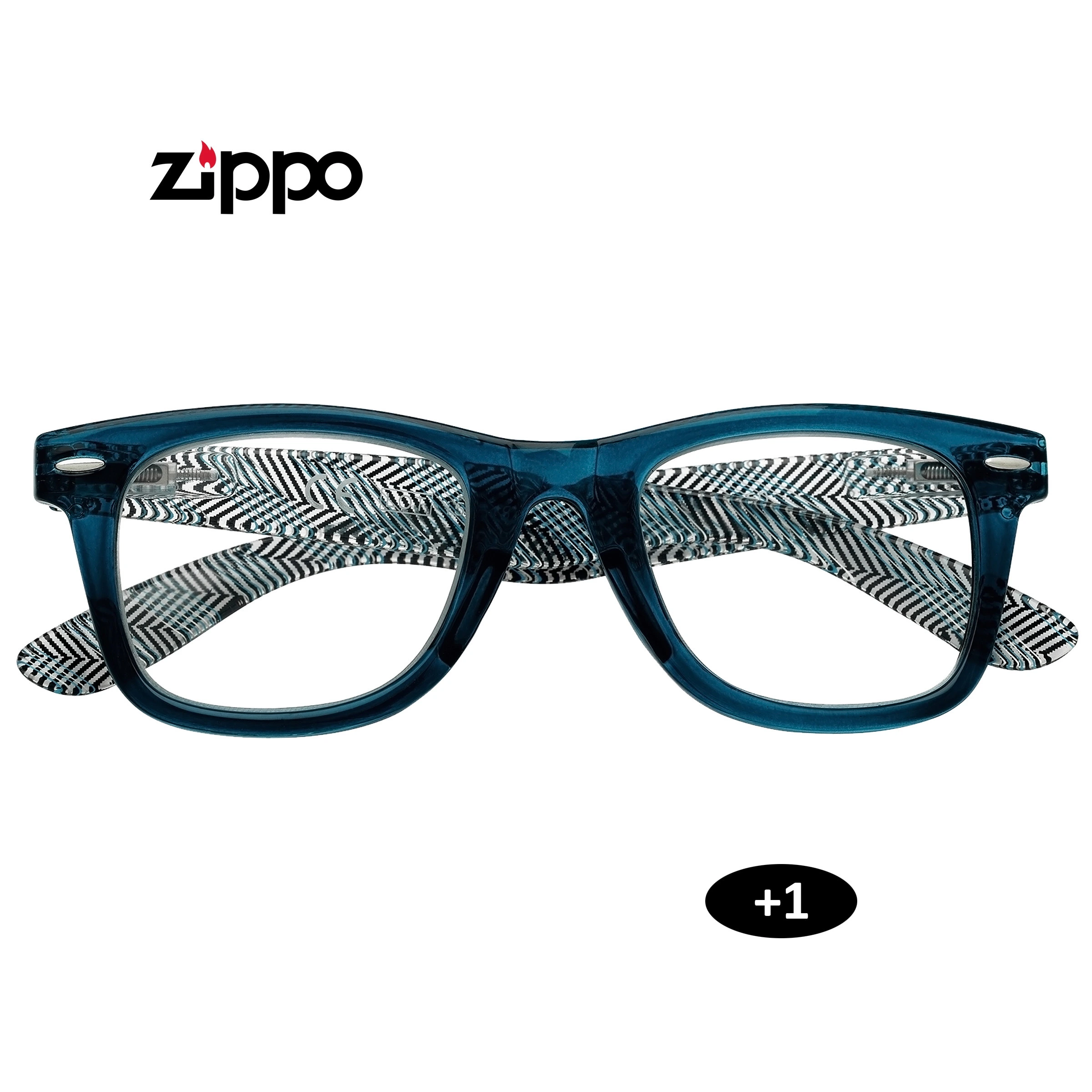Gafas de lectura Zippo +1 vistas de frente, con montura azul translúcida y patillas con dibujo geométrico blanco y negro.