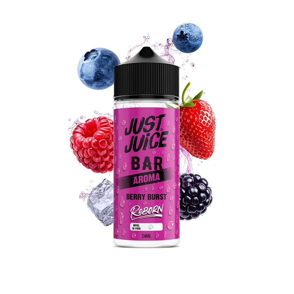 Frasco Just Juice Reborn Berry Burst con etiqueta rosa y tapón negro, rodeado de frutos rojos, arándanos y un cubito de hielo.