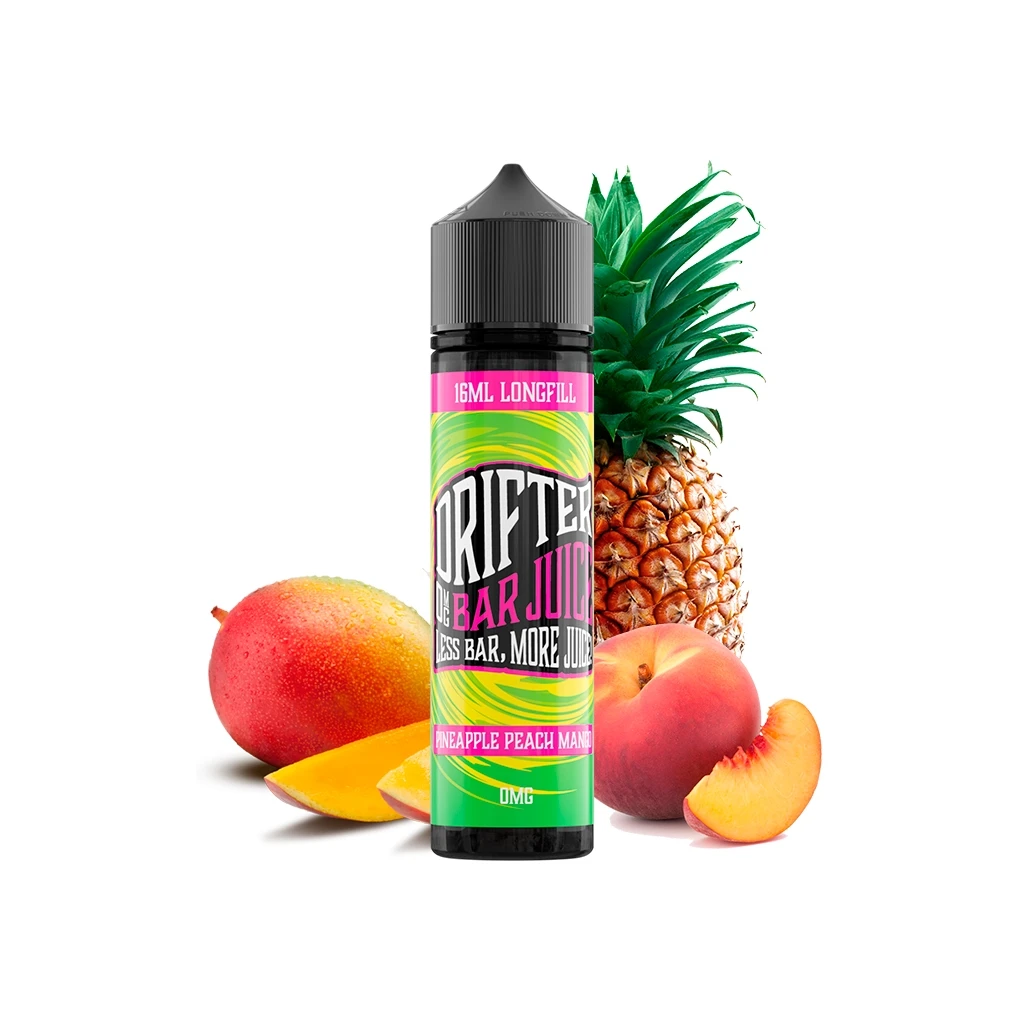 Botella Drifter Bar Pineapple Peach Mango Longfill con tapón negro y etiqueta verde y rosa, rodeada de piña, mango y melocotón.