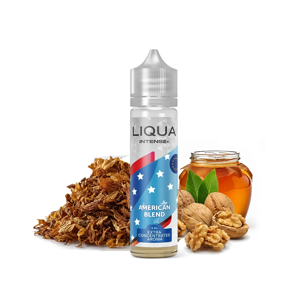 Frasco Liqua Intense American Blend con etiqueta de estrellas, acompañado de tabaco suelto, nueces y un tarro de miel.