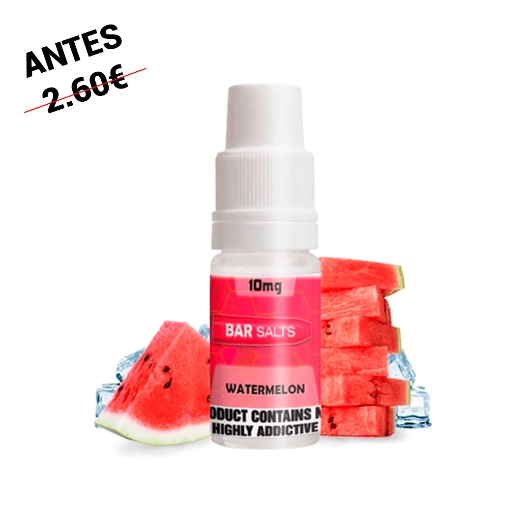 Frasco Bar Salts Watermelon con tapón blanco y etiqueta rosa de 10 mg, rodeado de trozos de sandía y cubitos de hielo.