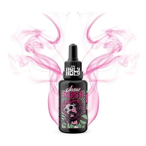 Frasco negro Jesus Kush The Holy Holy con cuentagotas y etiqueta ilustrada con un personaje con gafas, ante volutas rosas.