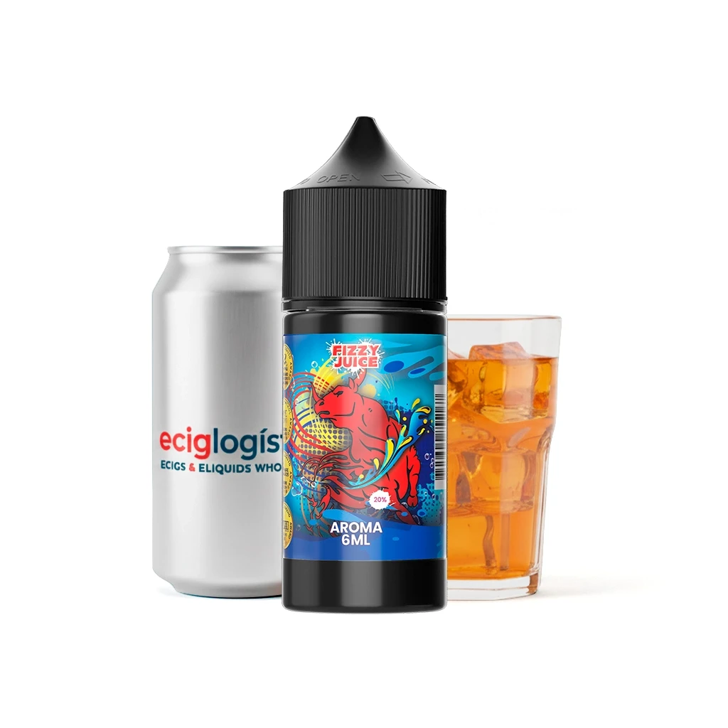 Bote de Fizzy Juice Bull con tapón negro y etiqueta de un toro rojo, con texto «Aroma 6 ml», delante de una lata y un vaso con hielo.
