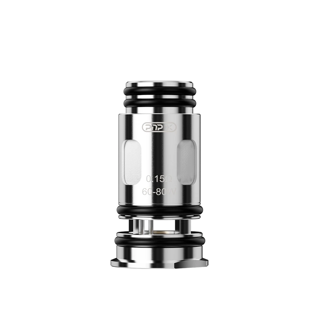 Resistencia Voopoo PNP X cilíndrica plateada, con juntas negras, aberturas laterales y marcas de 0,15 Ω y 60–80 W. Resistencia Voopoo PNP X cilíndrica plateada, con juntas negras, aberturas laterales y marcas de 0,15 Ω y 60–80 W.