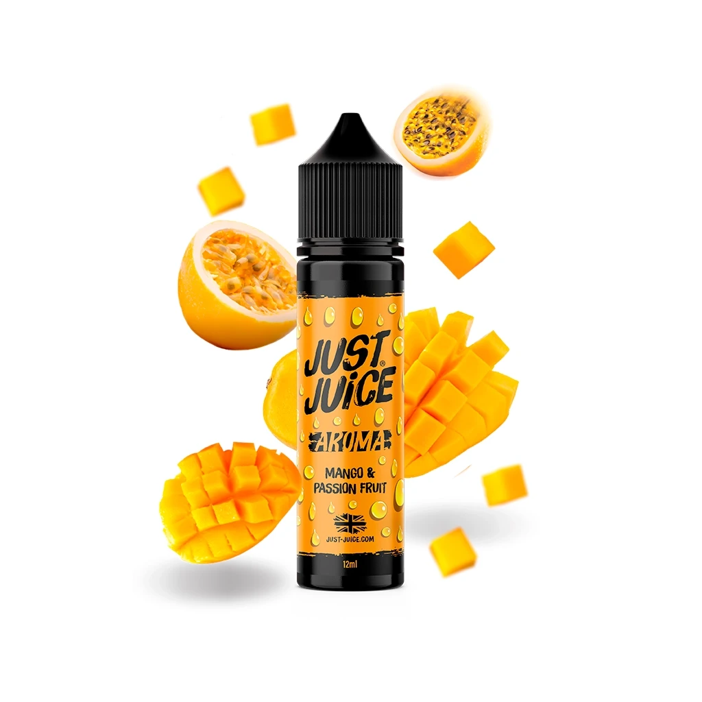 Frasco Just Juice con tapón negro y etiqueta naranja «Mango & Passion Fruit», rodeado de trozos de mango y mitades de maracuyá.