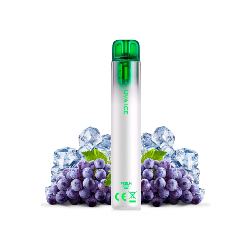 Vaper Neon 1000 Grape Ice de cuerpo blanco y boquilla verde, con texto «UVA ICE», entre racimos de uvas y cubitos de hielo. Vaper Neon 1000 Grape Ice de cuerpo blanco y boquilla verde, con texto «UVA ICE», entre racimos de uvas y cubitos de hielo.