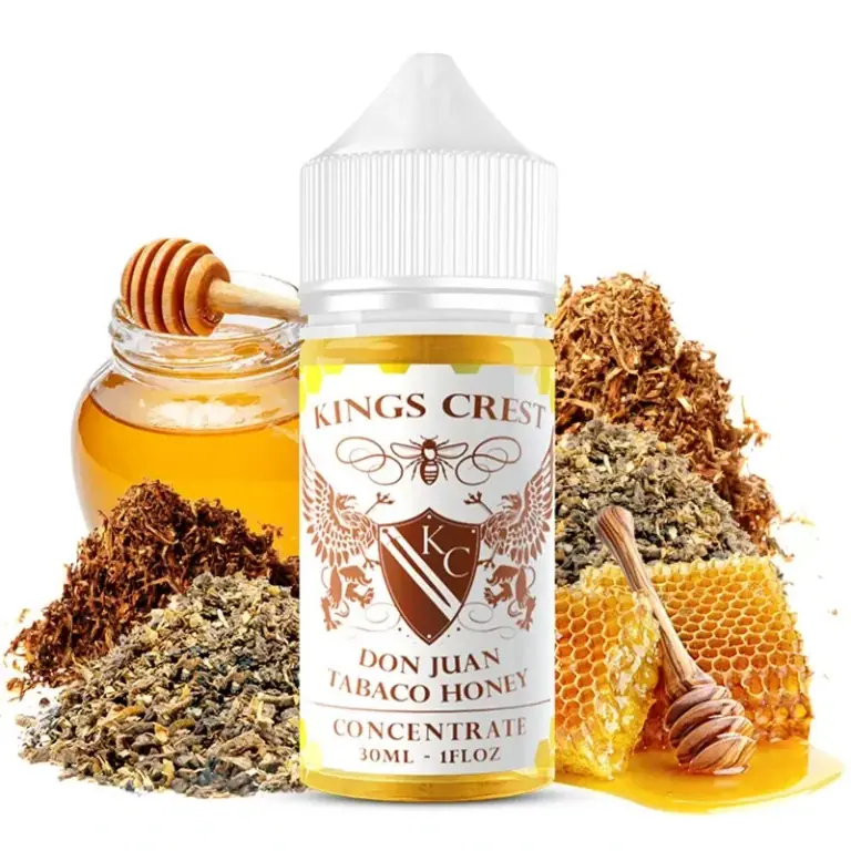 Frasco de aroma King's Crest Don Juan Tabaco Honey de 30 ml, rodeado de tabaco, un tarro de miel y un panal sobre fondo blanco.