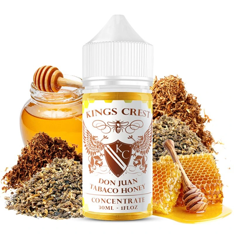 Frasco de aroma King's Crest Don Juan Tabaco Honey de 30 ml, rodeado de tabaco, un tarro de miel y un panal sobre fondo blanco.