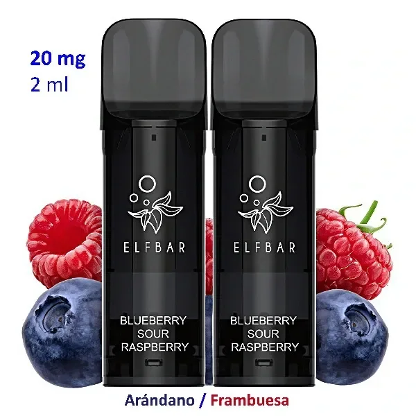 Dos cartuchos negros Elfbar Blueberry Sour Raspberry junto a arándanos y frambuesas, con las indicaciones 20 mg y 2 ml.