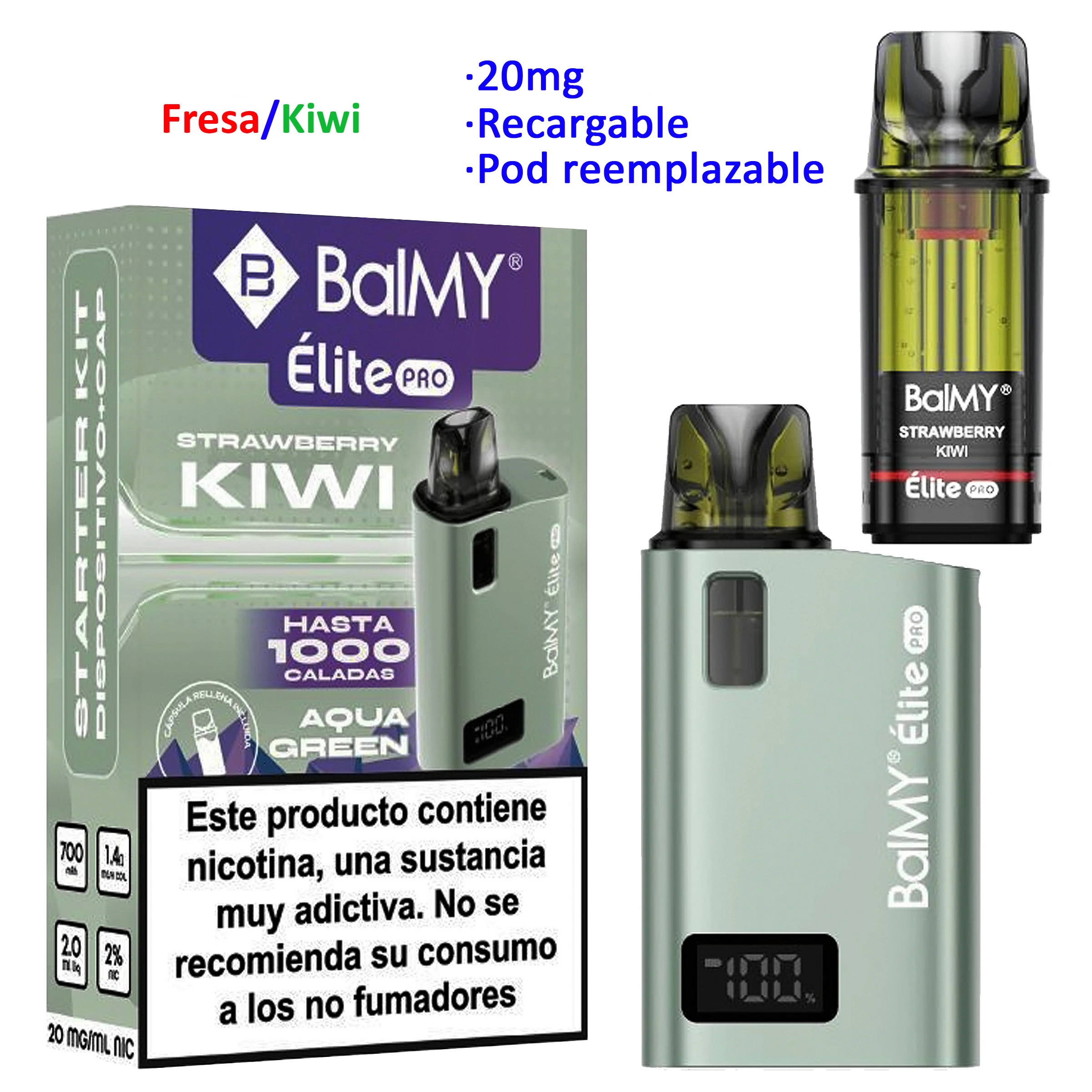Kit BALMY Élite Pro Strawberry Kiwi Aqua Green con dispositivo verde, pantalla, pod separado y caja con advertencia de nicotina.