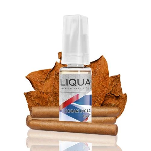 Frasco de líquido Liqua Cuban Cigar con tapón blanco y etiqueta de 10 ml, delante de hojas marrones y puros sobre fondo blanco.