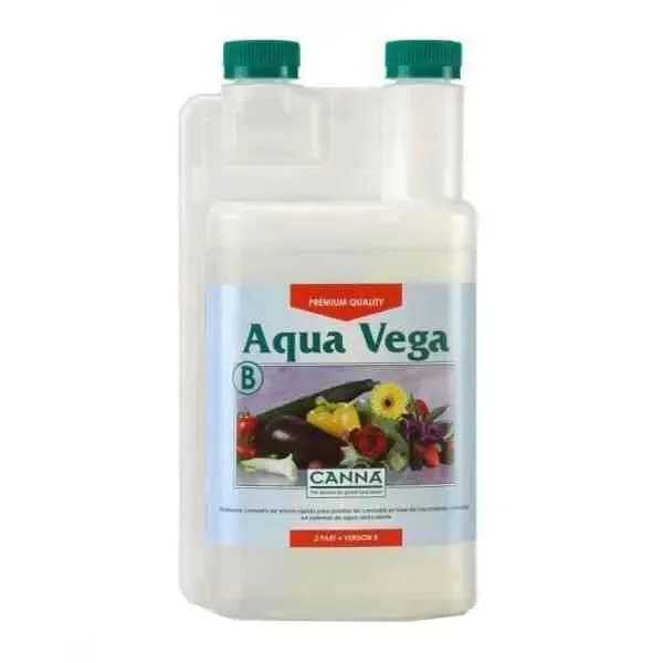 Envase de Aqua Vega B Canna con dos tapones verdes y etiqueta frontal con hortalizas y flores, sobre fondo blanco.