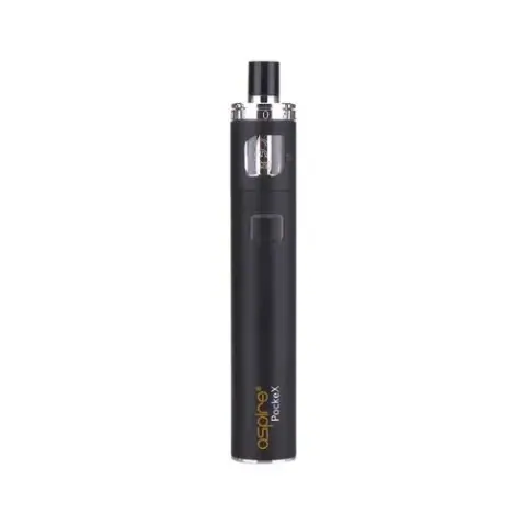 Aspire PockeX negro en posición vertical sobre fondo blanco, con boquilla superior, ventana de depósito y botón rectangular.