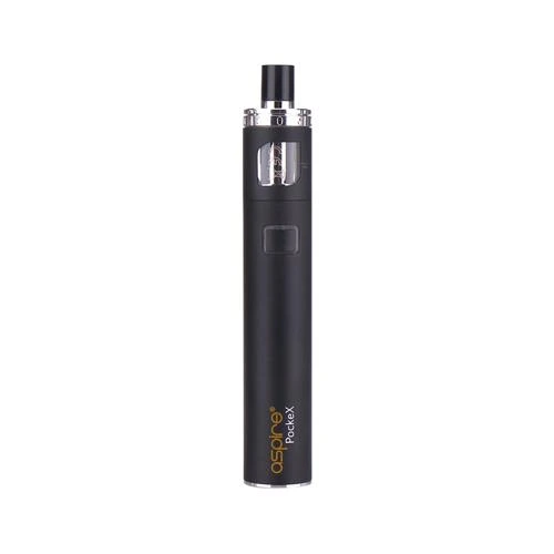 Aspire PockeX negro en posición vertical sobre fondo blanco, con boquilla superior, ventana de depósito y botón rectangular.