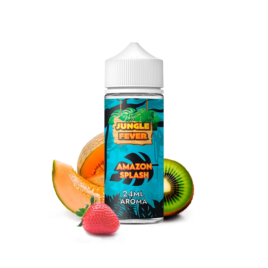 Botella Jungle Fever Amazon Splash con tapón blanco y etiqueta turquesa de 24 ml, junto a melón, kiwi y una fresa.