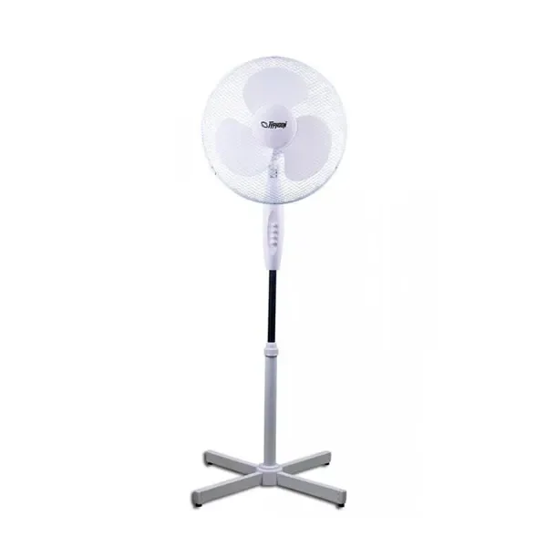 Ventilador de pie Typhoon blanco, con rejilla circular, tres aspas, controles en el soporte y base en cruz, sobre fondo blanco.