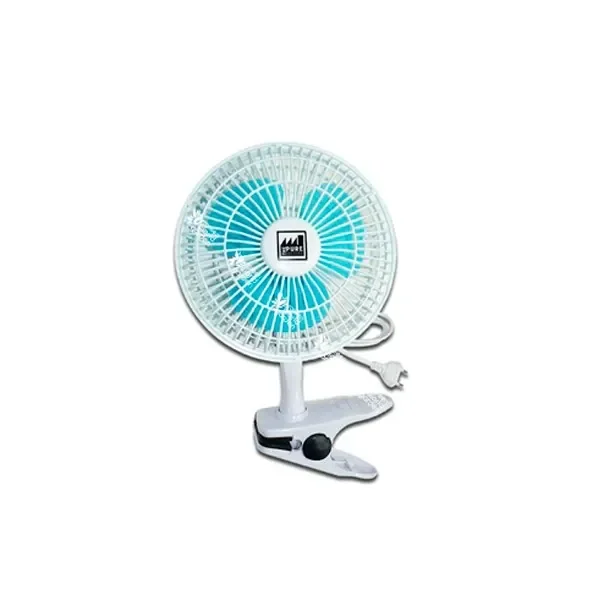 Ventilador de pinza Pure Factory blanco, con aspas turquesas, rejilla circular y cable con enchufe sobre fondo blanco.