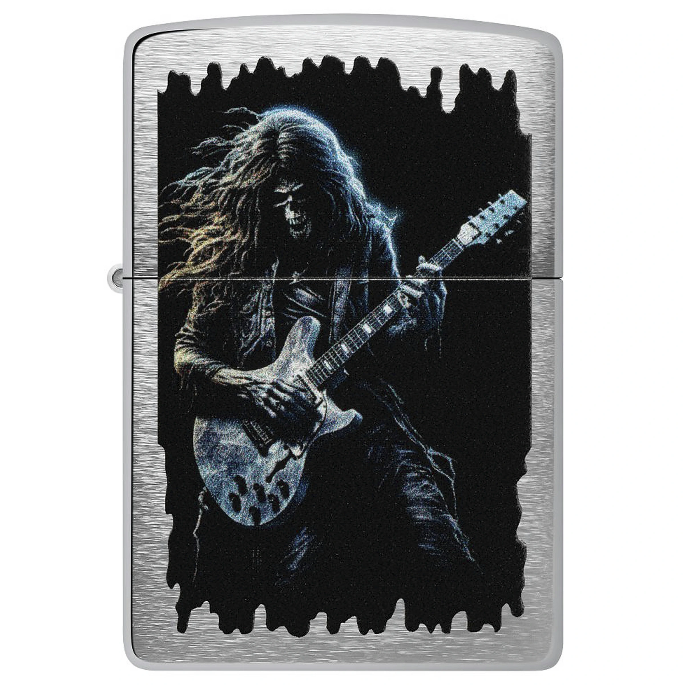 Encendedor Zippo cerrado de acabado plateado cepillado, decorado con un esqueleto de pelo largo tocando una guitarra eléctrica.