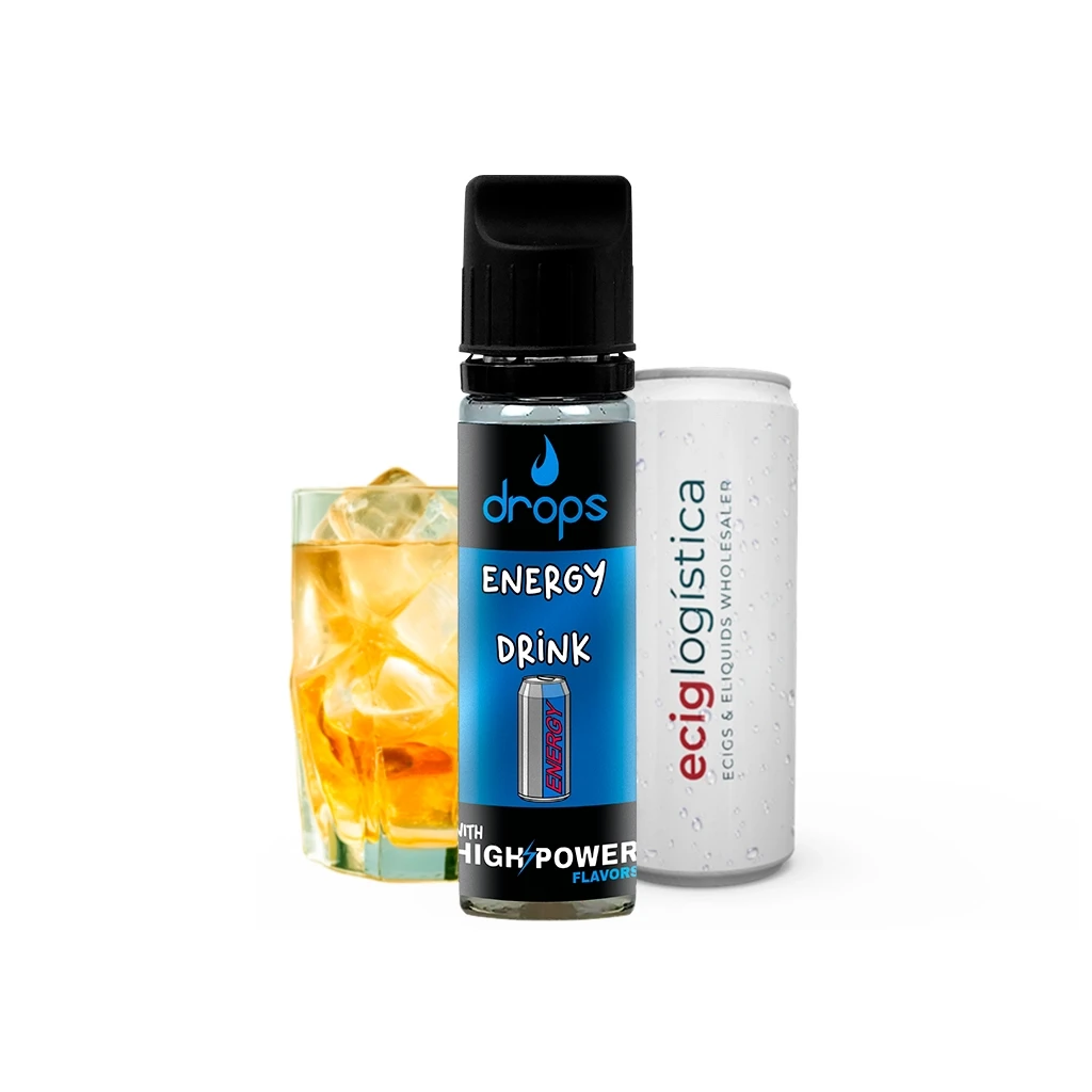 Frasco Drops Energy Drink con tapón negro y etiqueta azul, delante de una lata blanca y un vaso con líquido dorado y hielo.