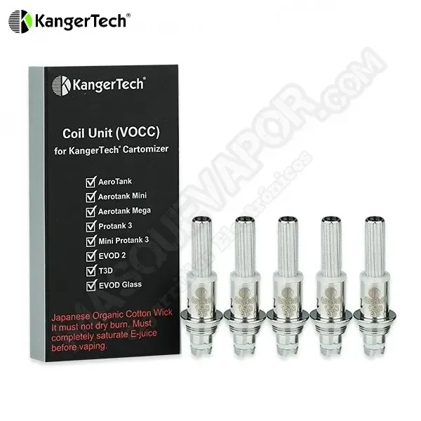 Resistencias plateadas Kanger VOCC alineadas junto a su caja negra, con una lista de modelos de vaper compatibles impresa.