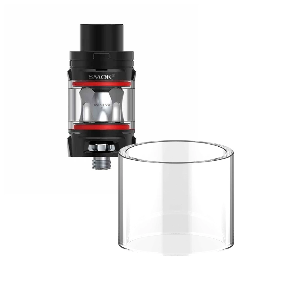 Tubo transparente de recambio en primer plano junto a un tanque Smok TFV Mini V2 negro con juntas rojas, sobre fondo blanco.