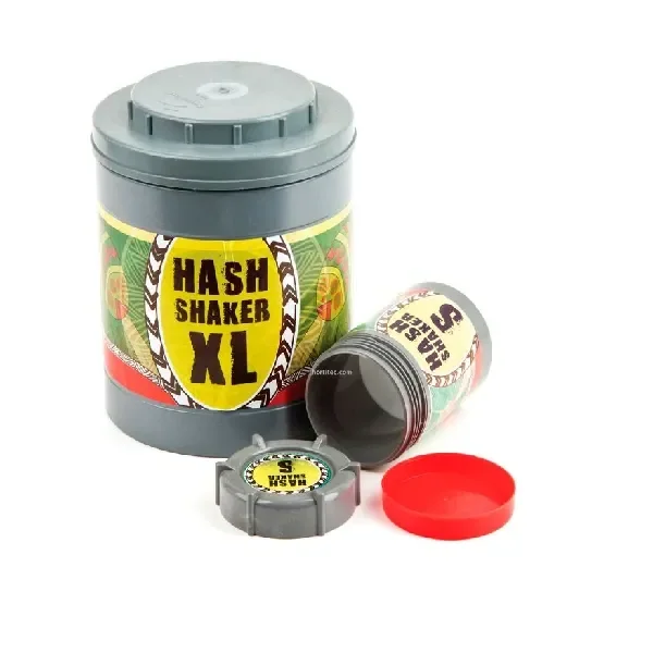 Polinizadores manuales Hash Shaker en tamaños XL y S, con cuerpos grises y etiquetas de colores; el pequeño aparece abierto junto a sus tapas.
